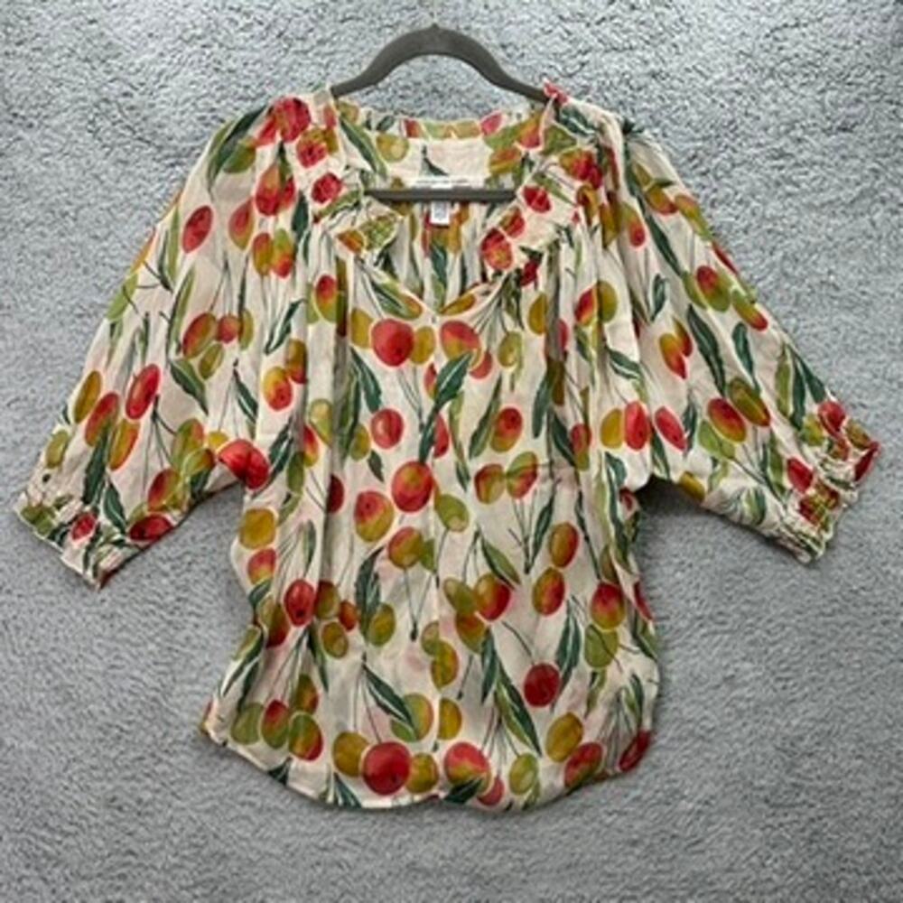 Diane Von Furstenberg Sz 2‎ 100% Silk Sheer Colorful Fruit Blouse Feminine Flowy